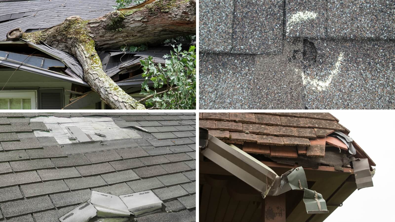 4 different images of roof damage