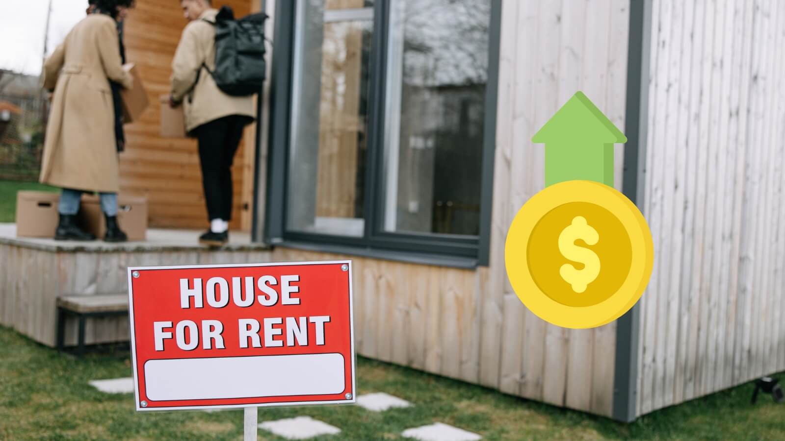house for rent sign and people entering home