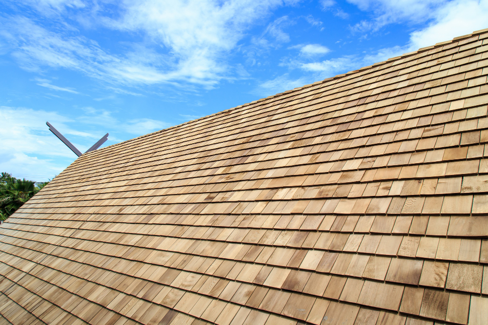 A roof with cedar shake shingles