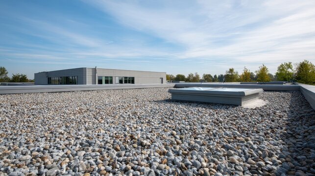 Flat gravel roof with a skylight window